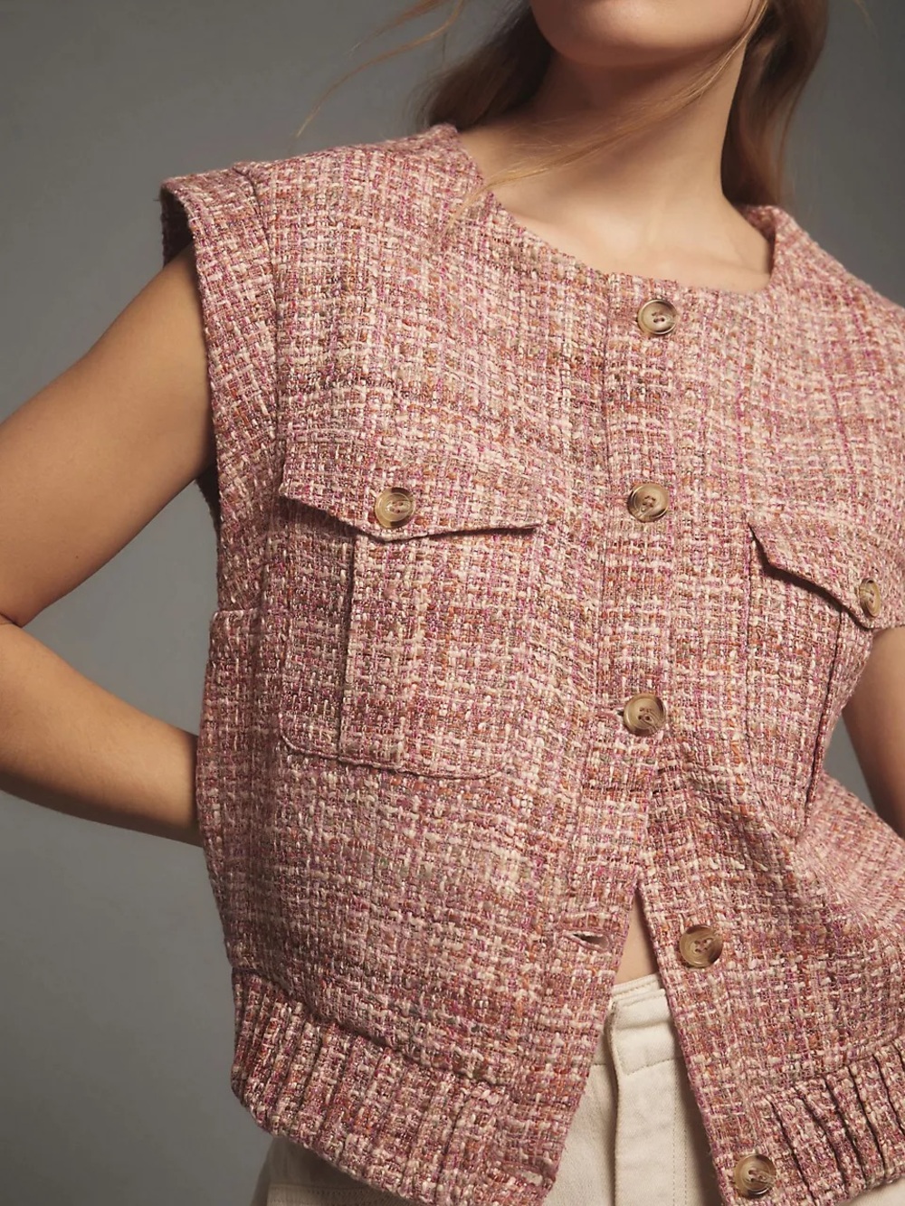 Maeve Extended Shoulder Tweed Vest Size M Wool Blend - Picture 2 of 11